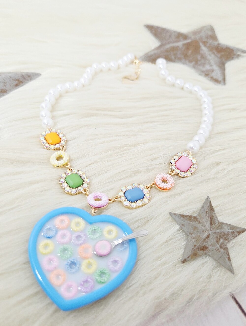 Betsey Johnson Sweet heart cereal bowl charm necklace rainbow pearl kitschy
